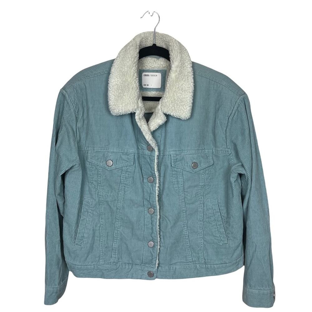 Asos Denim Corded Button Up Jacket with Fleece Collar Blue Size 14